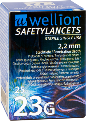 Sie sehen eine Packung Wellion SafetyLancets 23G, Produktbild: 01 Wellion SafetyLancets 23G, A-Nr.: 4091229 - 01