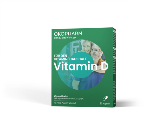 Sie sehen eine Packung Ökopharm44® Wirkkombination für den Vitamin-Haushalt Vitamin D Kapseln 30ST, Produktbild: 01 Ökopharm44® Wirkkombination für den Vitamin-Haushalt Vitamin D Kapseln 30ST, A-Nr.: 4363449 - 01