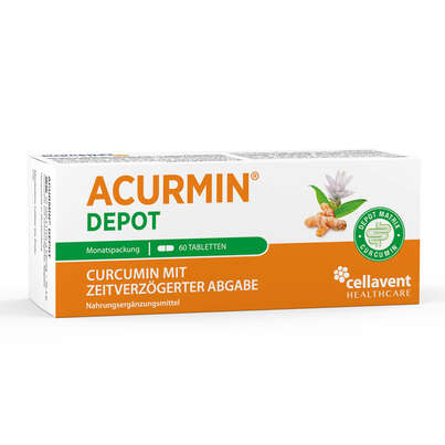 Sie sehen eine Packung Acurmin DEPOT – Curcumin mit zeitverzögerter Abgabe – Lokale Freisetzung im Magen-Darm-Bereich, Produktbild: 01 Acurmin DEPOT – Curcumin mit zeitverzögerter Abgabe – Lokale Freisetzung im Magen-Darm-Bereich, A-Nr.: 5895645 - 01