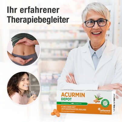 Sie sehen eine Packung Acurmin DEPOT – Curcumin mit zeitverzögerter Abgabe – Lokale Freisetzung im Magen-Darm-Bereich, Produktbild: 02 Acurmin DEPOT – Curcumin mit zeitverzögerter Abgabe – Lokale Freisetzung im Magen-Darm-Bereich, A-Nr.: 5895645 - 02