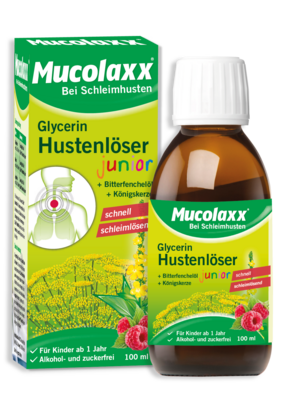Sie sehen eine Packung Mucolaxx® Hustenlöser junior für Kinder, Produktbild: 01 Mucolaxx® Hustenlöser junior für Kinder, A-Nr.: 5668688 - 01