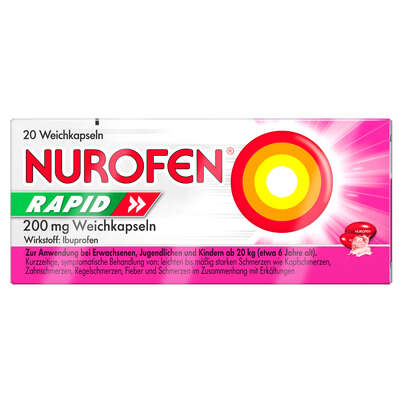 Sie sehen eine Packung Nurofen Rapid 200 mg Weichkapseln, Produktbild: 01 Nurofen Rapid 200 mg Weichkapseln, A-Nr.: 4975916 - 01