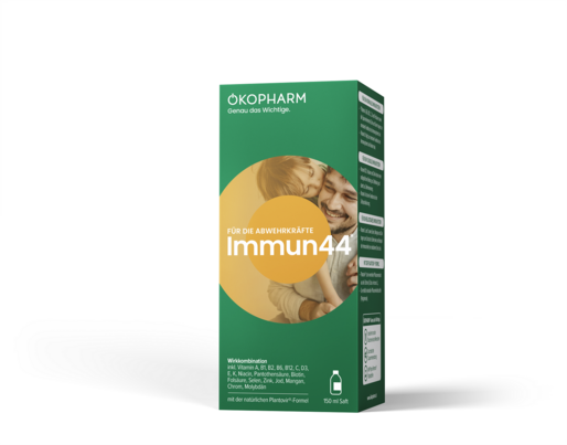 Sie sehen eine Packung Ökopharm® Wirkkombination für die Abwehrkräfte Immun44® Saft 150 mL, Produktbild: 01 Ökopharm® Wirkkombination für die Abwehrkräfte Immun44® Saft 150 mL, A-Nr.: 5879497 - 01