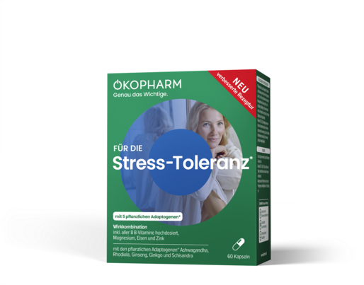 Sie sehen eine Packung Ökopharm® Wirkkombination für die Stress-Toleranz Kapseln 60 Stk., Produktbild: 01 Ökopharm® Wirkkombination für die Stress-Toleranz Kapseln 60 Stk., A-Nr.: 5879474 - 01