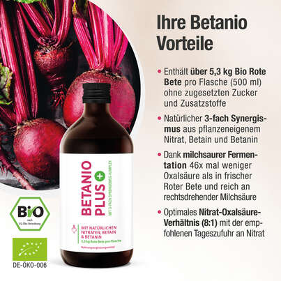 Sie sehen eine Packung Bio-Rote-Bete-Konzentrat – reich an Nitrat & Betain – 5,3 kg Bio-Rote-Beete pro 500 ml – 50 Portionen, Produktbild: 03 Bio-Rote-Bete-Konzentrat – reich an Nitrat & Betain – 5,3 kg Bio-Rote-Beete pro 500 ml – 50 Portionen, A-Nr.: 5895674 - 03