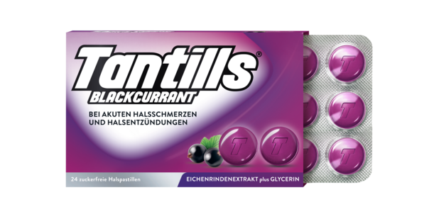 Sie sehen eine Packung Tantills® Halspastillen Blackcurrant, Produktbild: 01 Tantills® Halspastillen Blackcurrant, A-Nr.: 5324374 - 01