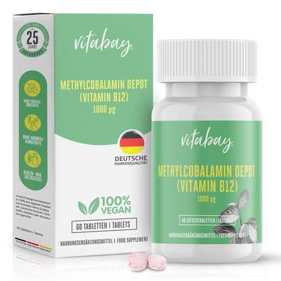 Sie sehen eine Packung Vitabay Vitamin B12 Depot 1000 mcg Lutschtabletten, Produktbild: 01 Vitabay Vitamin B12 Depot 1000 mcg Lutschtabletten, A-Nr.: 5878434 - 01