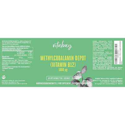 Sie sehen eine Packung Vitabay Vitamin B12 Depot 1000 mcg Lutschtabletten, Produktbild: 06 Vitabay Vitamin B12 Depot 1000 mcg Lutschtabletten, A-Nr.: 5878434 - 06
