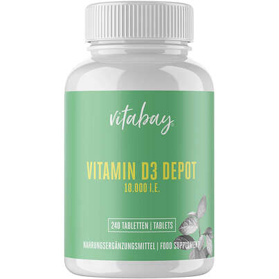 Sie sehen eine Packung Vitabay Vitamin D3 Depot 10.000 I.E. Tabletten, Produktbild: 01 Vitabay Vitamin D3 Depot 10.000 I.E. Tabletten, A-Nr.: 5878368 - 01