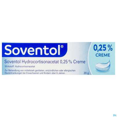 Sie sehen eine Packung Soventol Hydrocortisonacetat Creme 0,25% 20g, Produktbild: 01 Soventol Hydrocortisonacetat Creme 0,25% 20g, A-Nr.: 5518701 - 01