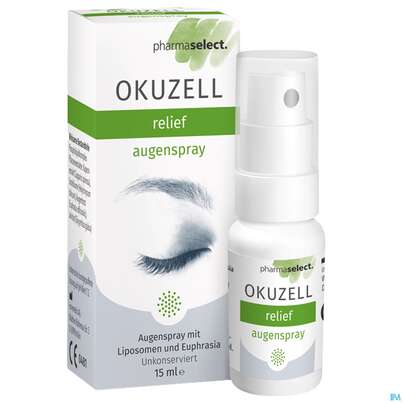 Sie sehen eine Packung Augenspray Okuzell Relief 15ml, Produktbild: 01 Augenspray Okuzell Relief 15ml, A-Nr.: 4830106 - 01
