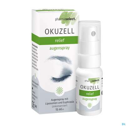 Sie sehen eine Packung Augenspray Okuzell Relief 15ml, Produktbild: 02 Augenspray Okuzell Relief 15ml, A-Nr.: 4830106 - 02