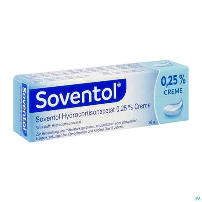 Sie sehen eine Packung Soventol Hydrocortisonacetat Creme 0,25% 20g, Produktbild: 02 Soventol Hydrocortisonacetat Creme 0,25% 20g, A-Nr.: 5518701 - 02