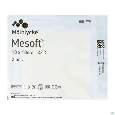 Sie sehen eine Packung Vlieskompressen Mesoft/set Steril 10x 10cm 2st, Produktbild: 02 Vlieskompressen Mesoft/set Steril 10x 10cm 2st, A-Nr.: 1652325 - 02