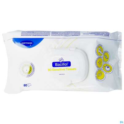 Sie sehen eine Packung Desinfektionstuecher Bacillol/30 Flaechen Sensitive Tissues 80st, Produktbild: 01 Desinfektionstuecher Bacillol/30 Flaechen Sensitive Tissues 80st, A-Nr.: 5477793 - 01