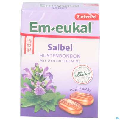 Sie sehen eine Packung Em-eukal Bonbons Zuckerfrei Salbei Box 50g, Produktbild: 01 Em-eukal Bonbons Zuckerfrei Salbei Box 50g, A-Nr.: 5334846 - 01