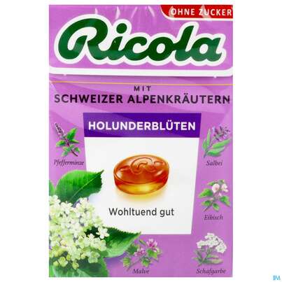 Sie sehen eine Packung Ricola Zuckerfrei Holunderblueten Box 50g, Produktbild: 01 Ricola Zuckerfrei Holunderblueten Box 50g, A-Nr.: 5627502 - 01
