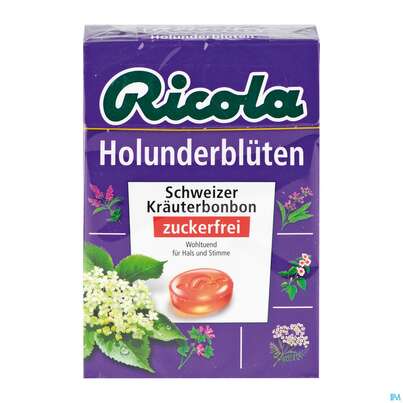 Sie sehen eine Packung Ricola Zuckerfrei Holunderblueten Box 50g, Produktbild: 03 Ricola Zuckerfrei Holunderblueten Box 50g, A-Nr.: 5627502 - 03