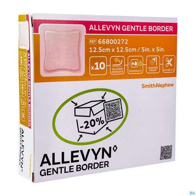 Sie sehen eine Packung Wundauflagen Allevyn Gentle Border Haftend +silikonkleber 12,5x12,5cm 10st, Produktbild: 02 Wundauflagen Allevyn Gentle Border Haftend +silikonkleber 12,5x12,5cm 10st, A-Nr.: 3748087 - 02
