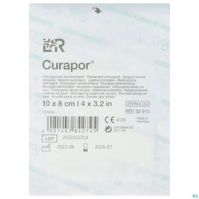 Sie sehen eine Packung Wundverband Curapor Steril Chirurgisch 10x 8cm 1st, Produktbild: 01 Wundverband Curapor Steril Chirurgisch 10x 8cm 1st, A-Nr.: 4534170 - 01