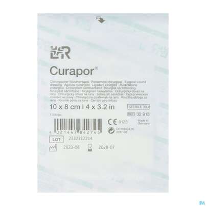 Sie sehen eine Packung Wundverband Curapor Steril Chirurgisch 10x 8cm 1st, Produktbild: 02 Wundverband Curapor Steril Chirurgisch 10x 8cm 1st, A-Nr.: 4534170 - 02