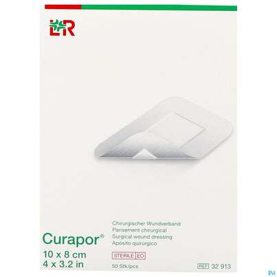 Sie sehen eine Packung Wundverband Curapor Steril Chirurgisch 10x 8cm 50st, Produktbild: 01 Wundverband Curapor Steril Chirurgisch 10x 8cm 50st, A-Nr.: 4041651 - 01