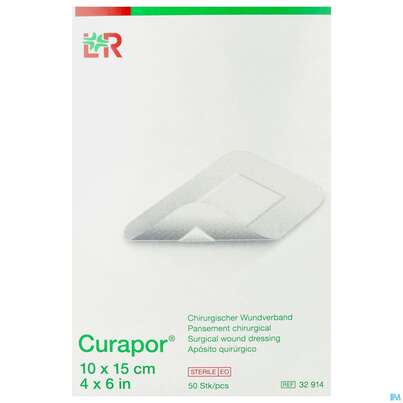 Sie sehen eine Packung Wundverband Curapor Steril Chirurgisch 10x 15cm 50st, Produktbild: 01 Wundverband Curapor Steril Chirurgisch 10x 15cm 50st, A-Nr.: 4041668 - 01