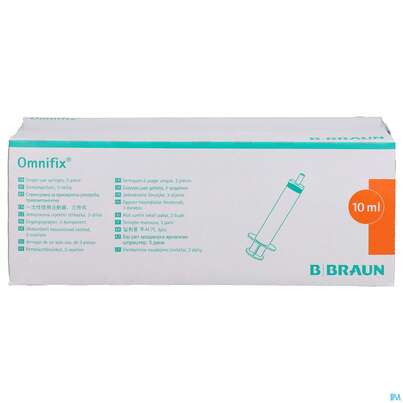 Sie sehen eine Packung Injektionsspritzen U.zubeh. Einmalspritzen Omnifix Luer Lock 3-teil. 10ml 100st, Produktbild: 01 Injektionsspritzen U.zubeh. Einmalspritzen Omnifix Luer Lock 3-teil. 10ml 100st, A-Nr.: 3869856 - 01