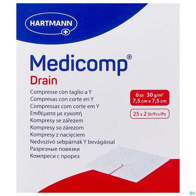 Sie sehen eine Packung Kompressen Medicomp/drain Vliesstoff/schlitzkompr. 6f Steril 7,5x 7,5cm 25x2 50st, Produktbild: 01 Kompressen Medicomp/drain Vliesstoff/schlitzkompr. 6f Steril 7,5x 7,5cm 25x2 50st, A-Nr.: 1652124 - 01