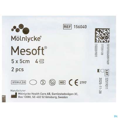 Sie sehen eine Packung Vlieskompressen Mesoft/set Steril 5x 5cm 2st, Produktbild: 01 Vlieskompressen Mesoft/set Steril 5x 5cm 2st, A-Nr.: 1652242 - 01