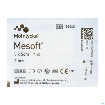 Sie sehen eine Packung Vlieskompressen Mesoft/set Steril 5x 5cm 2st, Produktbild: 02 Vlieskompressen Mesoft/set Steril 5x 5cm 2st, A-Nr.: 1652242 - 02