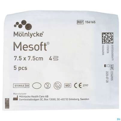 Sie sehen eine Packung Vlieskompressen Mesoft/set Steril 7,5x 7,5cm 5st, Produktbild: 01 Vlieskompressen Mesoft/set Steril 7,5x 7,5cm 5st, A-Nr.: 1652294 - 01