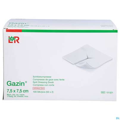 Sie sehen eine Packung Schlitzkompressen Gazin 17faedig Steril 8fach 7,5x 7,5cm 50x2 100st, Produktbild: 01 Schlitzkompressen Gazin 17faedig Steril 8fach 7,5x 7,5cm 50x2 100st, A-Nr.: 2404405 - 01