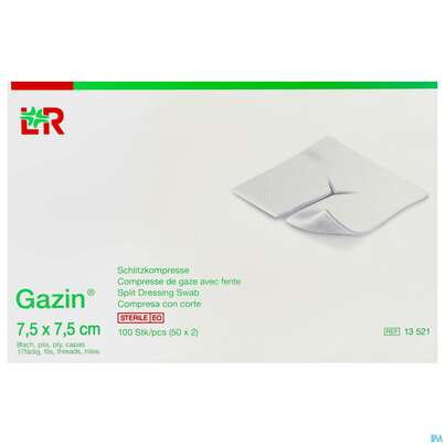 Sie sehen eine Packung Schlitzkompressen Gazin 17faedig Steril 8fach 7,5x 7,5cm 50x2 100st, Produktbild: 02 Schlitzkompressen Gazin 17faedig Steril 8fach 7,5x 7,5cm 50x2 100st, A-Nr.: 2404405 - 02