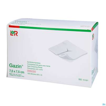 Sie sehen eine Packung Schlitzkompressen Gazin 17faedig Steril 8fach 7,5x 7,5cm 50x2 100st, Produktbild: 04 Schlitzkompressen Gazin 17faedig Steril 8fach 7,5x 7,5cm 50x2 100st, A-Nr.: 2404405 - 04
