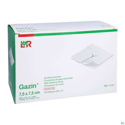 Sie sehen eine Packung Schlitzkompressen Gazin 17faedig Steril 8fach 7,5x 7,5cm 50x2 100st, Produktbild: 05 Schlitzkompressen Gazin 17faedig Steril 8fach 7,5x 7,5cm 50x2 100st, A-Nr.: 2404405 - 05