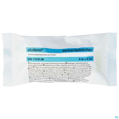 Sie sehen eine Packung Verbandpaeckchen Aluderm Steril Din13151 Mittel 1st, Produktbild: 01 Verbandpaeckchen Aluderm Steril Din13151 Mittel 1st, A-Nr.: 0910417 - 01