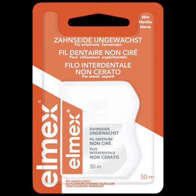 Sie sehen eine Packung elmex® Zahnseide ungewachst 50m, Produktbild: 01 elmex® Zahnseide ungewachst 50m, A-Nr.: 1543702 - 01