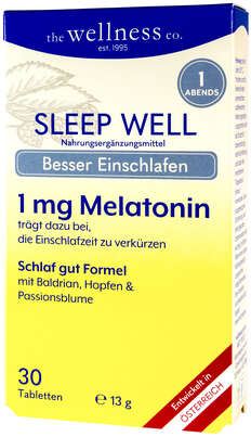 Sie sehen eine Packung Wellness Sleep Well Tabletten, 30 Stück pro Packung, Produktbild: 01 Wellness Sleep Well Tabletten, 30 Stück pro Packung, A-Nr.: 4998024 - 01