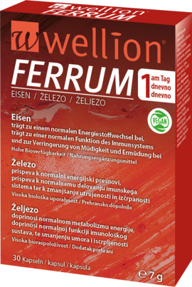 Sie sehen eine Packung Wellion FERRUM Eisen Kapseln 30 Stk., Produktbild: 01 Wellion FERRUM Eisen Kapseln 30 Stk., A-Nr.: 5720868 - 01