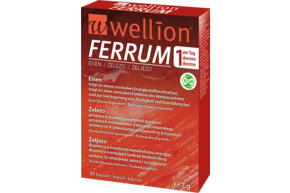 Sie sehen eine Packung Wellion FERRUM Eisen Kapseln 30 Stk., Produktbild: 01 Wellion FERRUM Eisen Kapseln 30 Stk., A-Nr.: 5720868 - 01