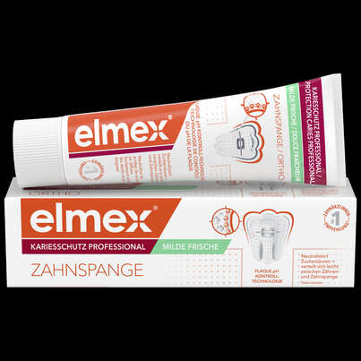 Sie sehen eine Packung elmex® Kariesschutz Professional + Zahnspange Zahnpasta, Produktbild: 01 elmex® Kariesschutz Professional + Zahnspange Zahnpasta, A-Nr.: 5841419 - 01