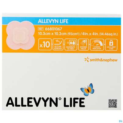 Sie sehen eine Packung Wundverband Allevyn Life Schaumstoffverb.silikon 10,3x 10,3cm 10st, Produktbild: 01 Wundverband Allevyn Life Schaumstoffverb.silikon 10,3x 10,3cm 10st, A-Nr.: 4062363 - 01