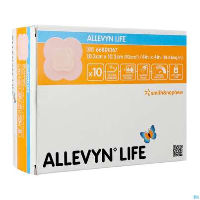 Sie sehen eine Packung Wundverband Allevyn Life Schaumstoffverb.silikon 10,3x 10,3cm 10st, Produktbild: 02 Wundverband Allevyn Life Schaumstoffverb.silikon 10,3x 10,3cm 10st, A-Nr.: 4062363 - 02