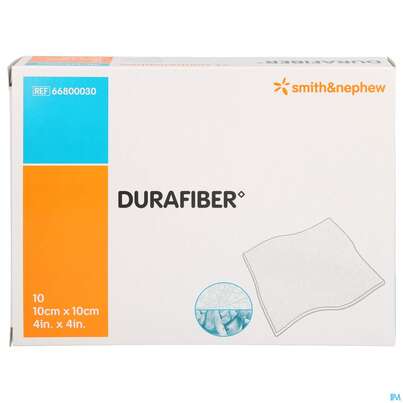 Sie sehen eine Packung Wundverband Durafiber/gelbildend 10x 10cm 10st, Produktbild: 01 Wundverband Durafiber/gelbildend 10x 10cm 10st, A-Nr.: 3815978 - 01