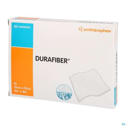 Sie sehen eine Packung Wundverband Durafiber/gelbildend 10x 10cm 10st, Produktbild: 02 Wundverband Durafiber/gelbildend 10x 10cm 10st, A-Nr.: 3815978 - 02