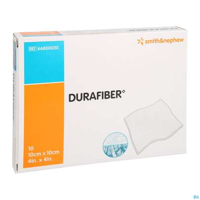Sie sehen eine Packung Wundverband Durafiber/gelbildend 10x 10cm 10st, Produktbild: 03 Wundverband Durafiber/gelbildend 10x 10cm 10st, A-Nr.: 3815978 - 03