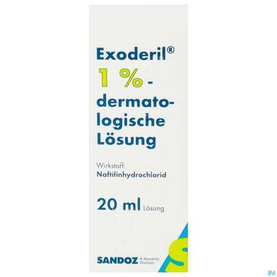 Sie sehen eine Packung Exoderil Dermatologische Lösung 1% 20ml, Produktbild: 01 Exoderil Dermatologische Lösung 1% 20ml, A-Nr.: 1130130 - 01