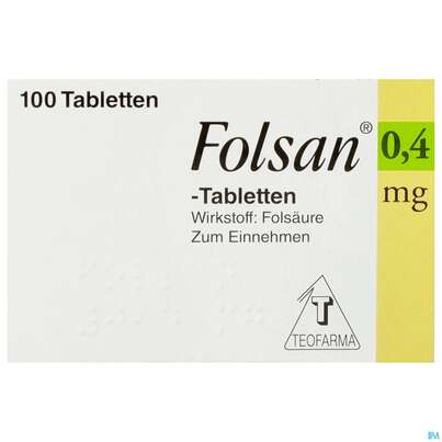 Sie sehen eine Packung Folsan Tabl 0,4mg 100st, Produktbild: 01 Folsan Tabl 0,4mg 100st, A-Nr.: 2423259 - 01