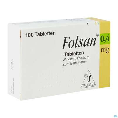 Sie sehen eine Packung Folsan Tabl 0,4mg 100st, Produktbild: 02 Folsan Tabl 0,4mg 100st, A-Nr.: 2423259 - 02